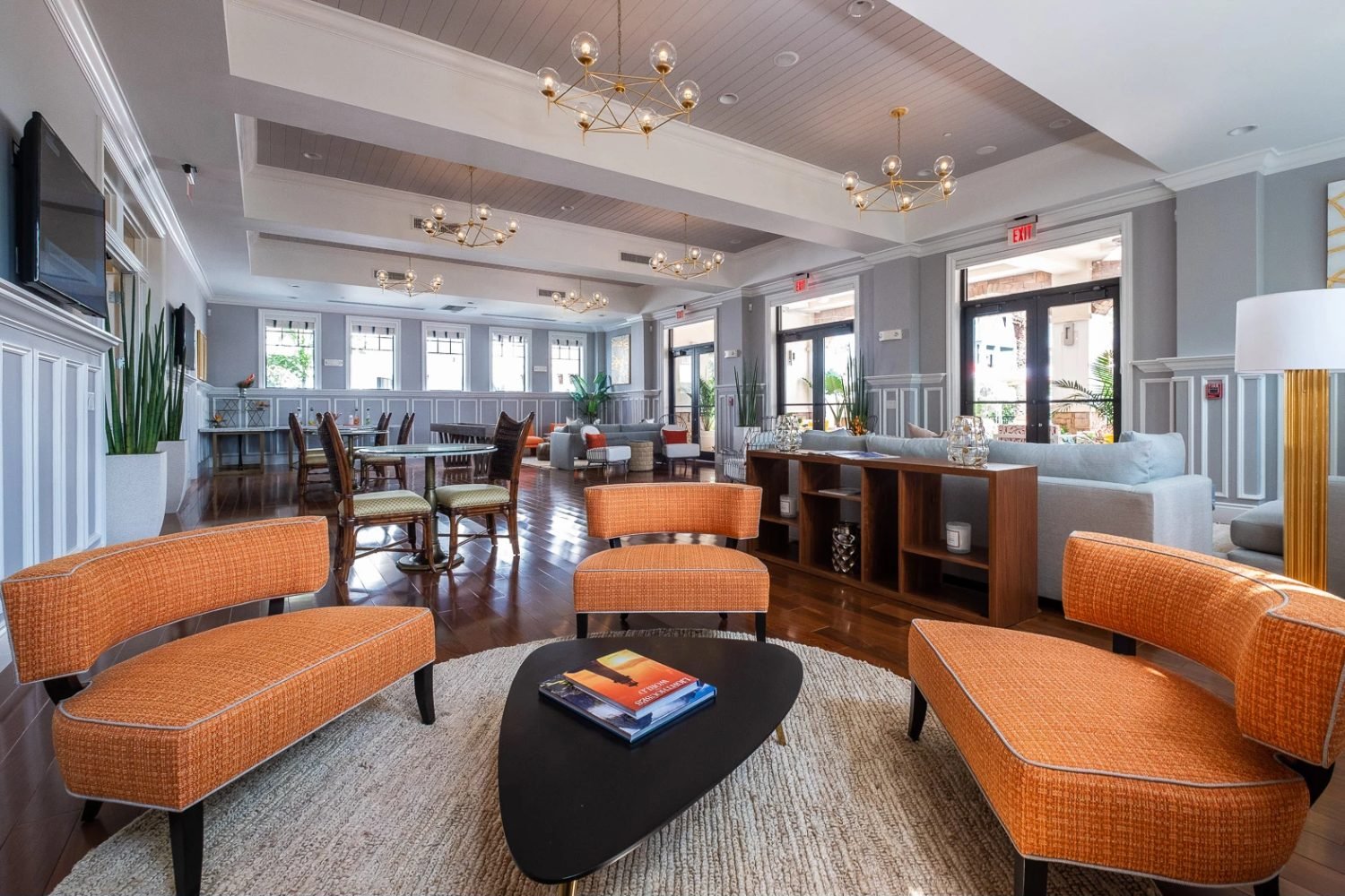 The clubhouse lounge and bar with warm seating