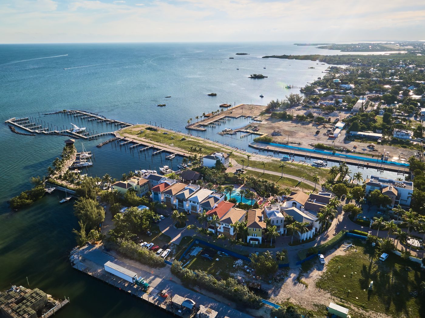 Aerial of the Marlin Bay peninsula and its 99-slip marina in the heart of Marathon