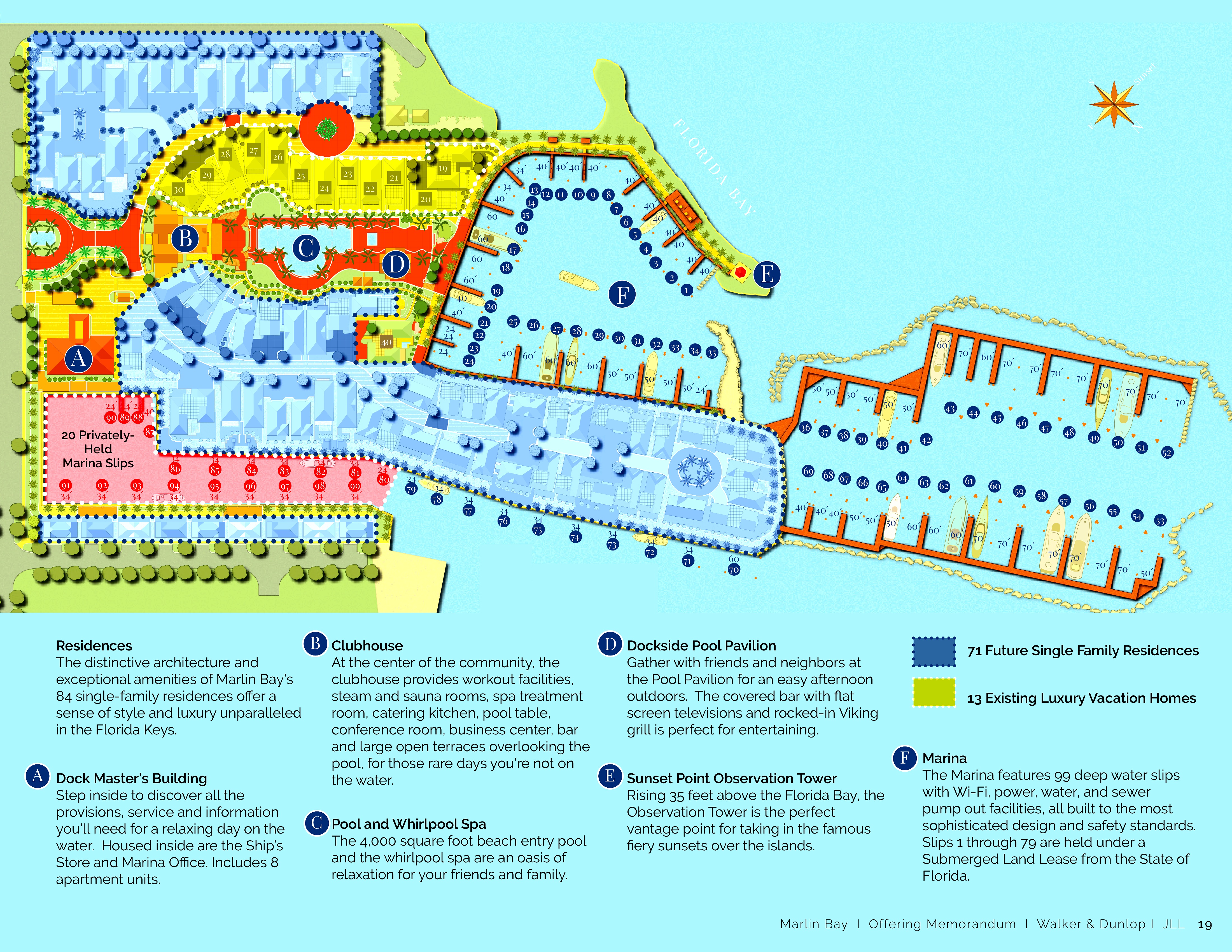 Marlin Bay site plan showing 84 entitled homesites wrapped around the 99-slip marina