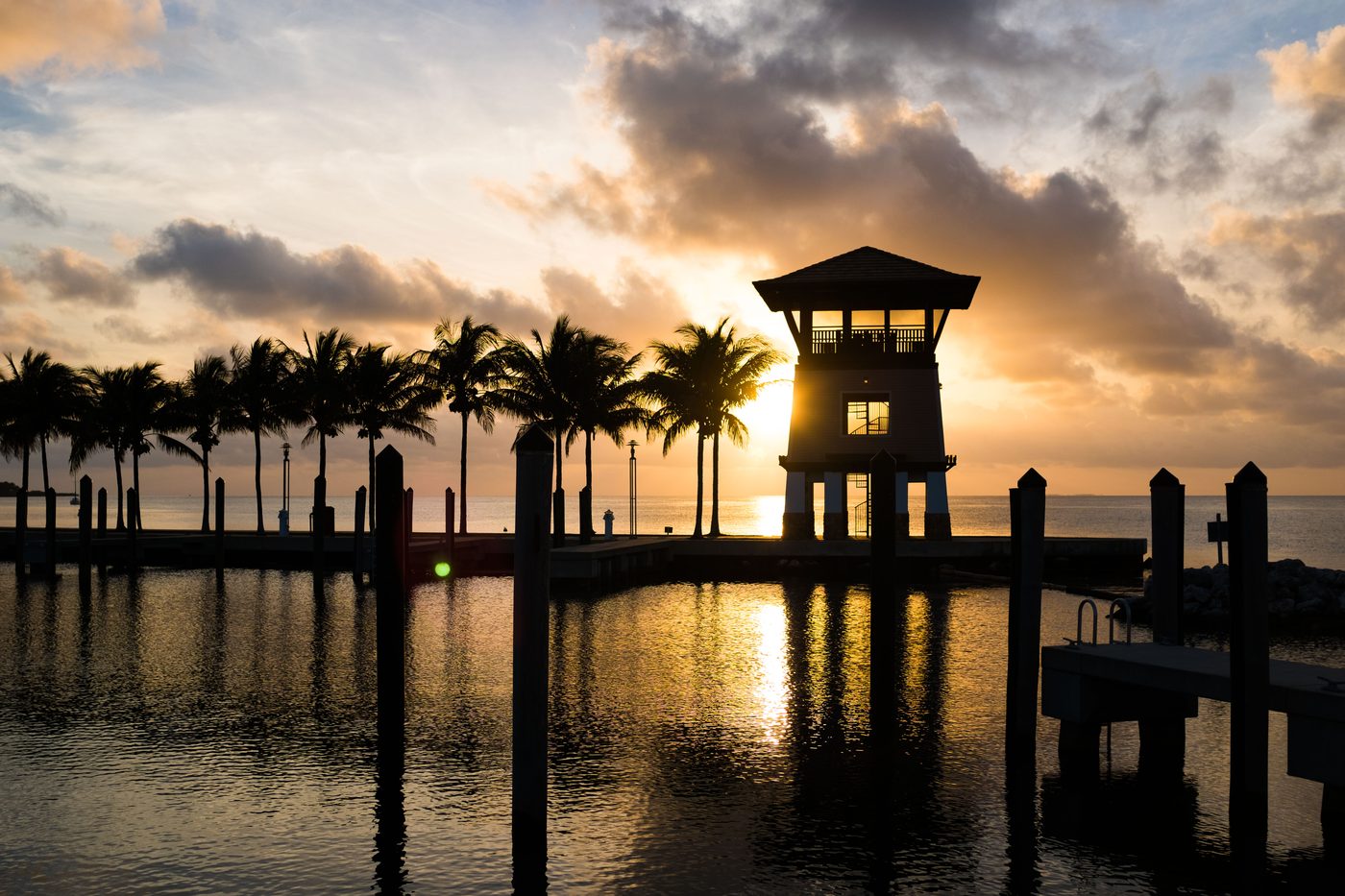 Sunset Point observation tower silhouetted against a Keys sunset